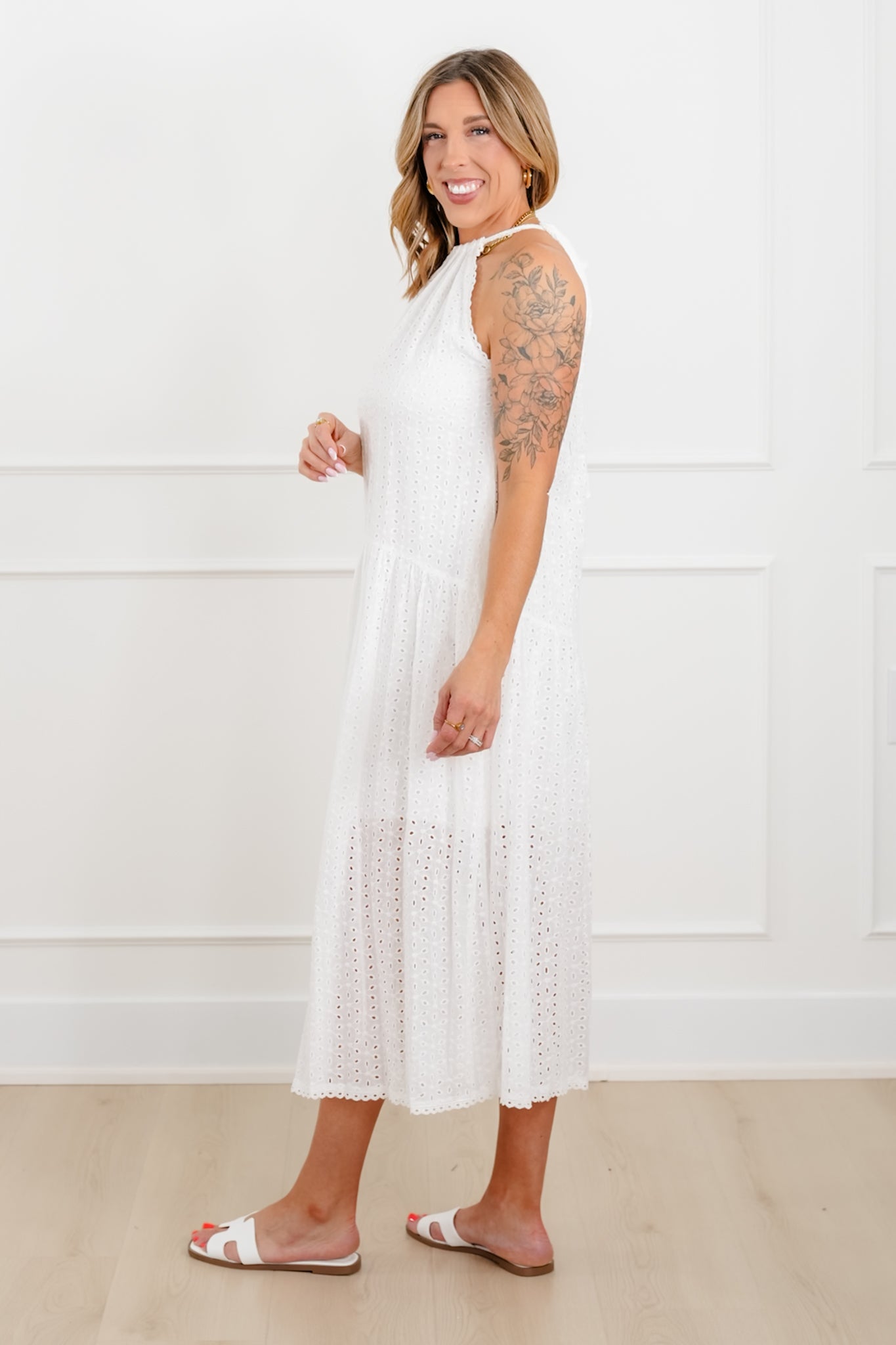 White Eyelet Sleeveless Drop Waist Dress