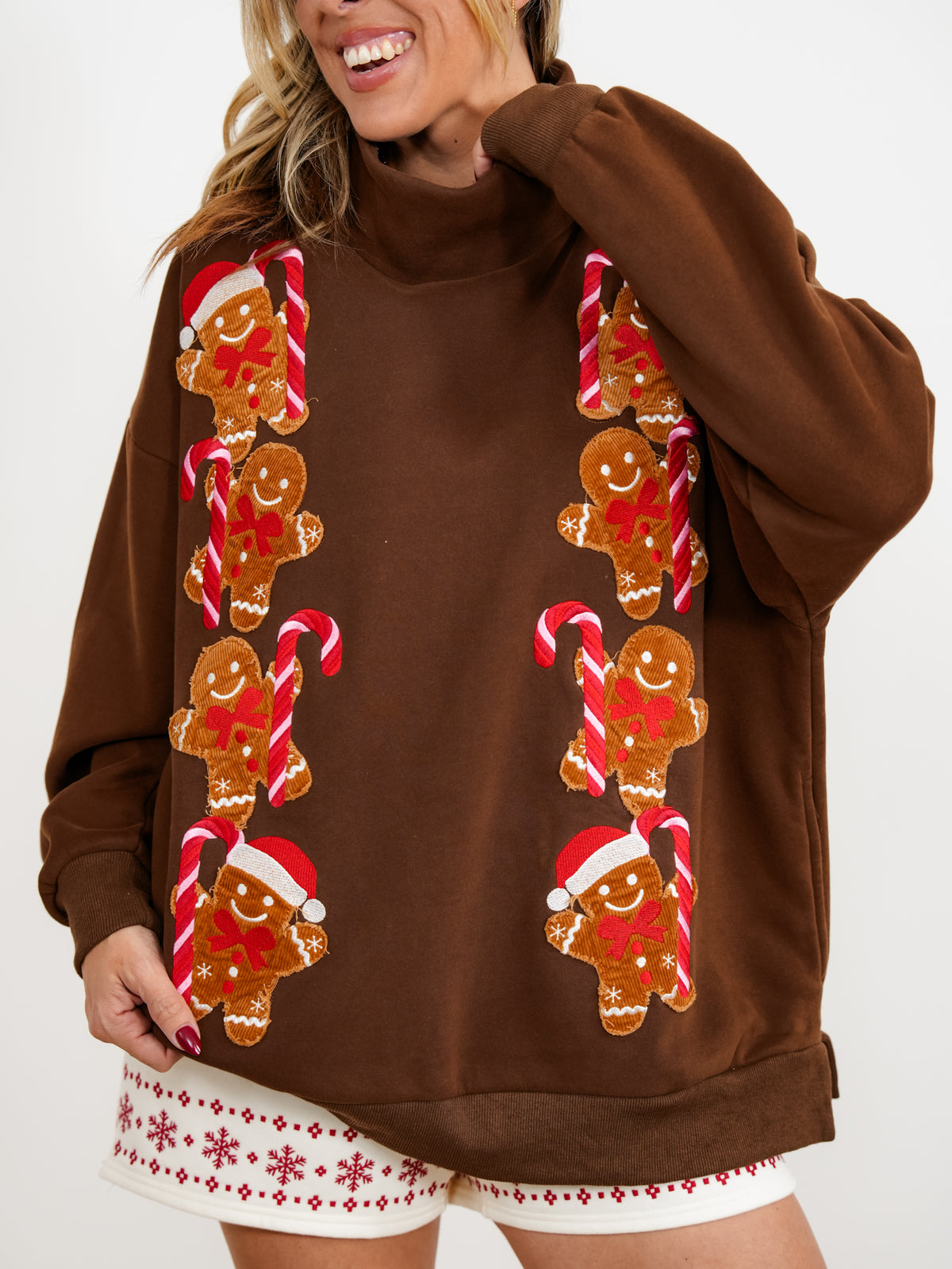 Corduroy Ginger Bread Man Long Sleeve Mock Neck Pullover Sweatshirt