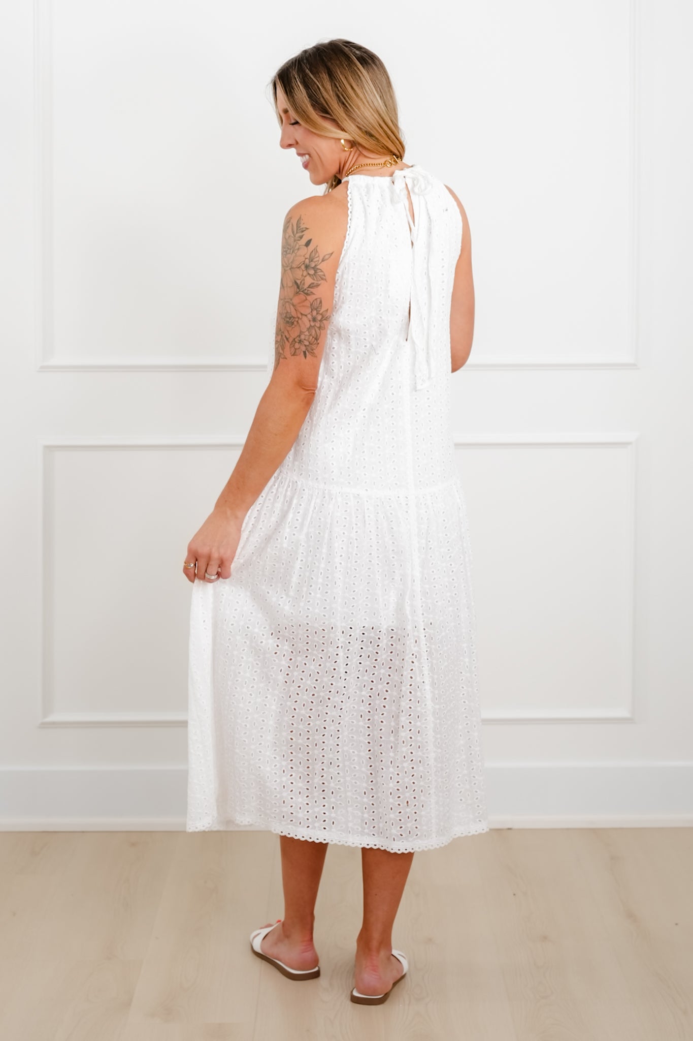 White Eyelet Sleeveless Drop Waist Dress