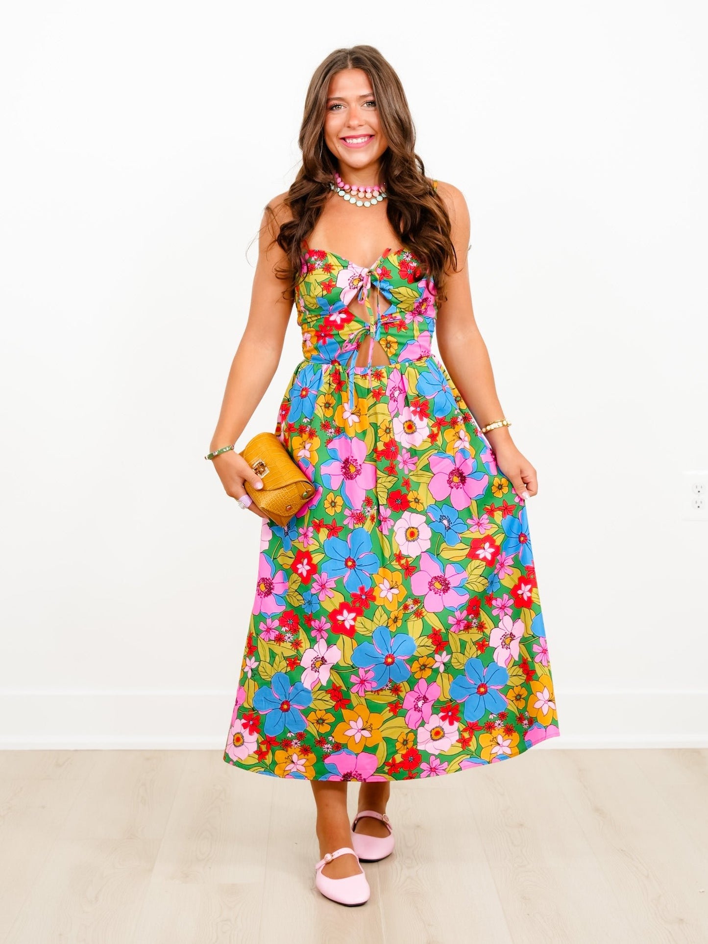 Floral Print Sleeveless Midi Dress with Bow Cutout Detail - Freckled Poppy