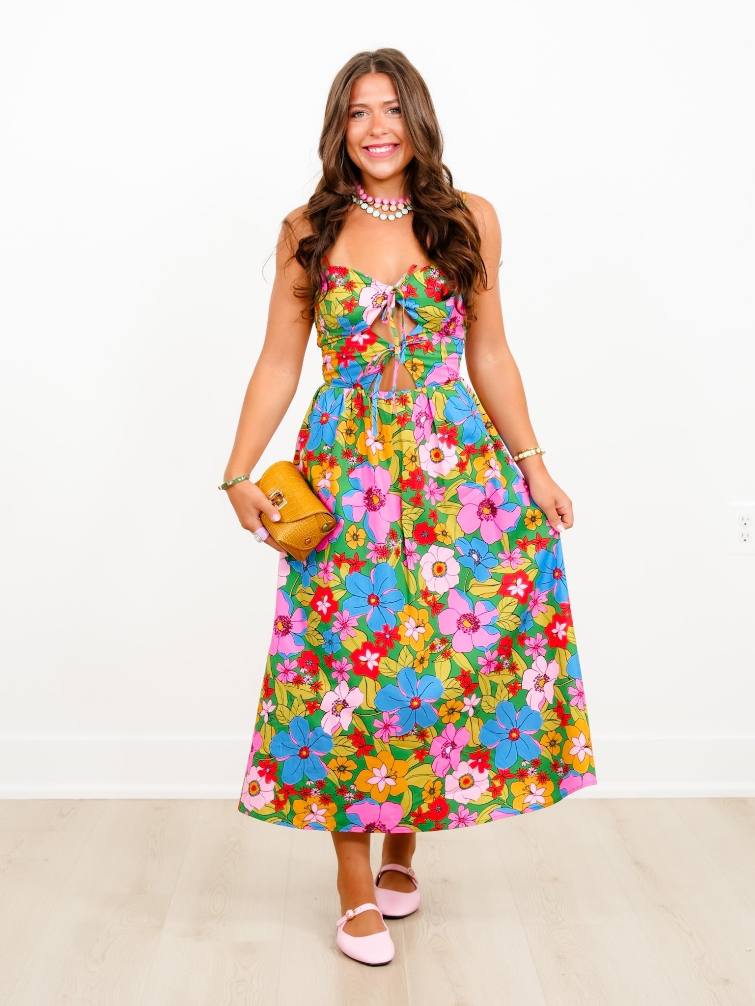 Floral Print Sleeveless Midi Dress with Bow Cutout Detail - Freckled Poppy