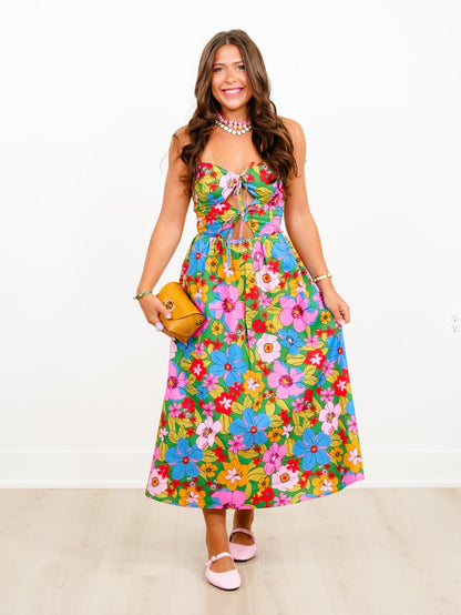 Floral Print Sleeveless Midi Dress with Bow Cutout Detail - Freckled Poppy