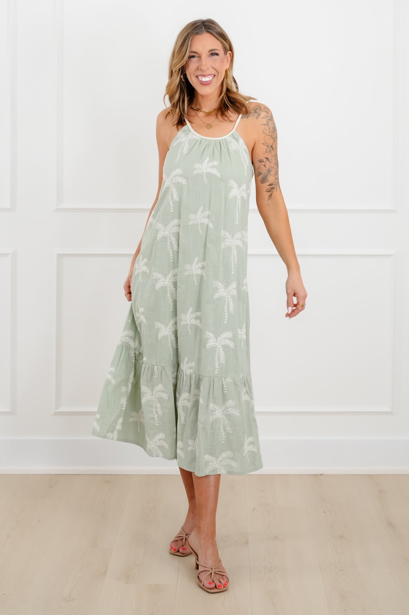Embroidered Palm Tree Sleeveless Midi Dress