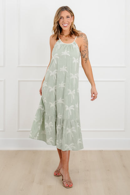 Embroidered Palm Tree Sleeveless Midi Dress