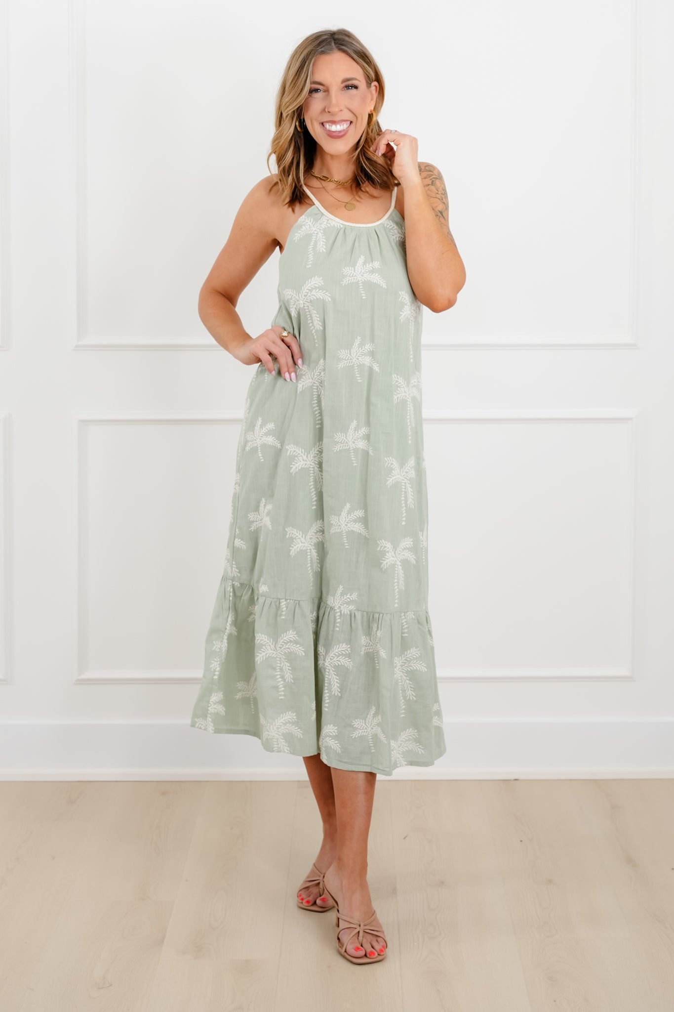 Embroidered Palm Tree Sleeveless Midi Dress
