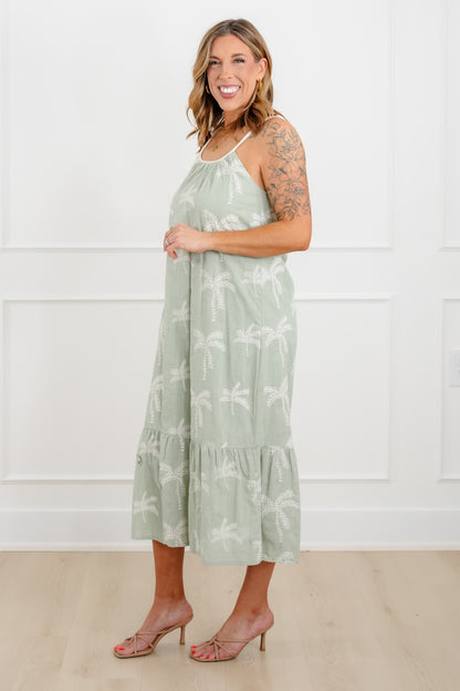 Embroidered Palm Tree Sleeveless Midi Dress