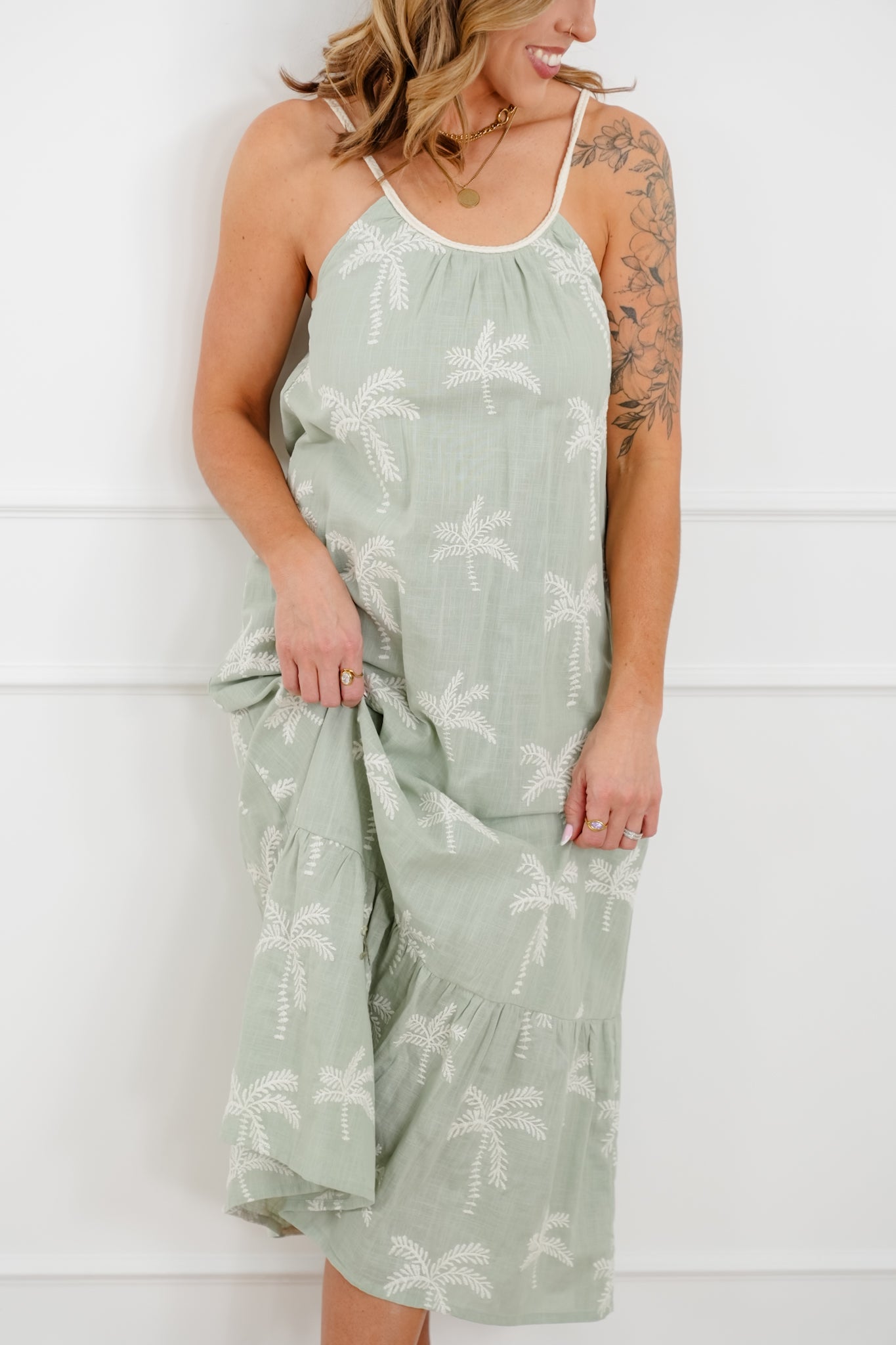 Embroidered Palm Tree Sleeveless Midi Dress