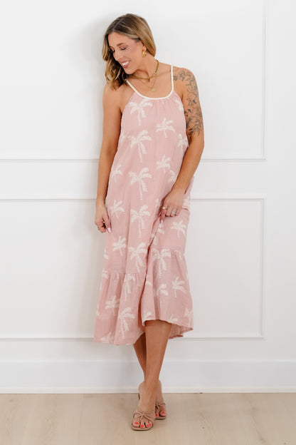 Embroidered Palm Tree Sleeveless Midi Dress