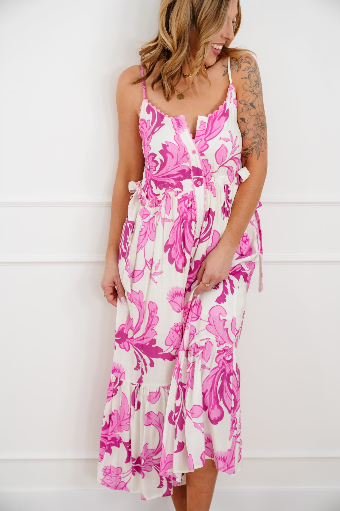 Floral Print Sleeveless Button Down Midi Dress