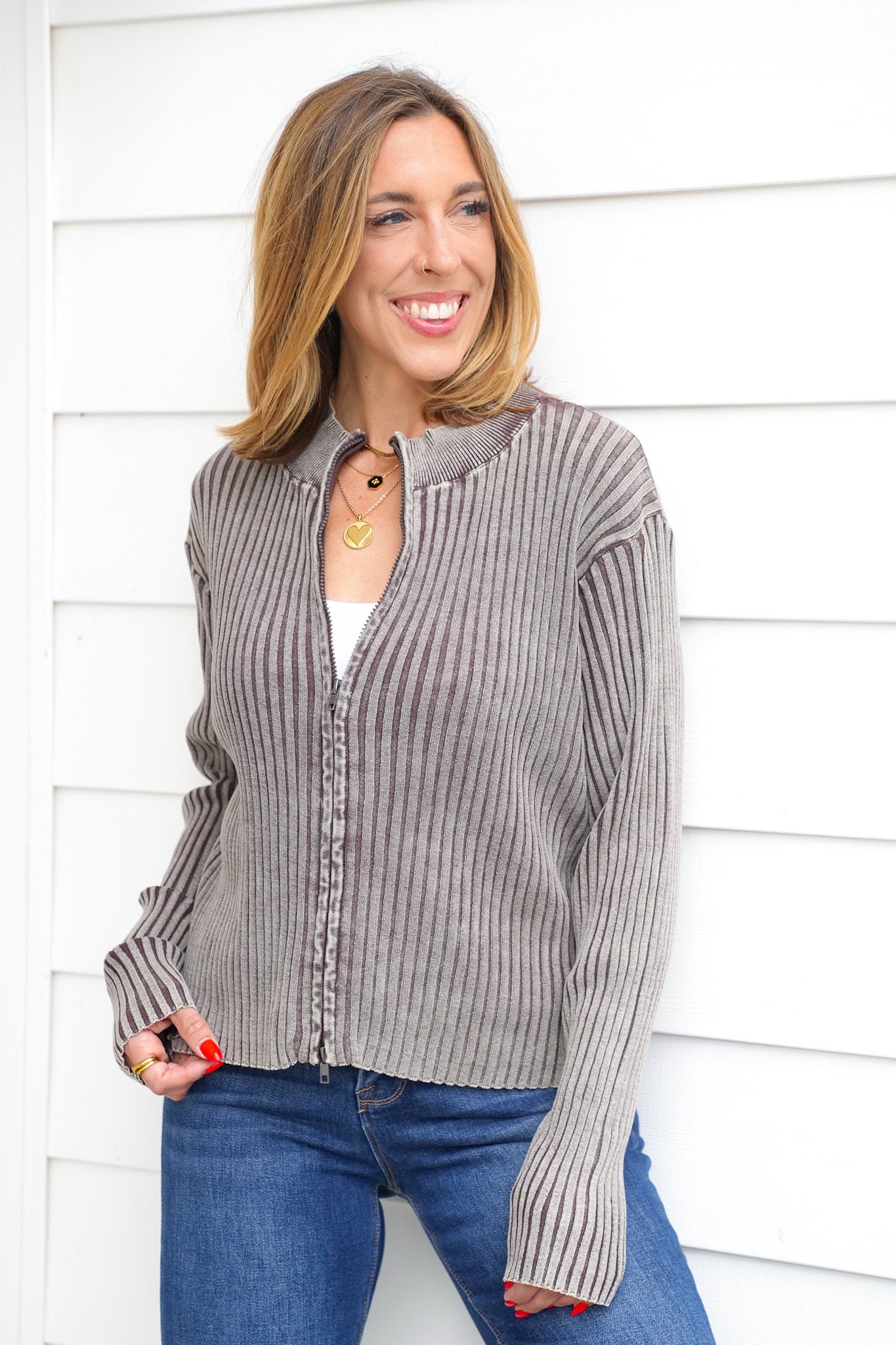 Door Buster! Zenana Two Tone Zip Up Sweater