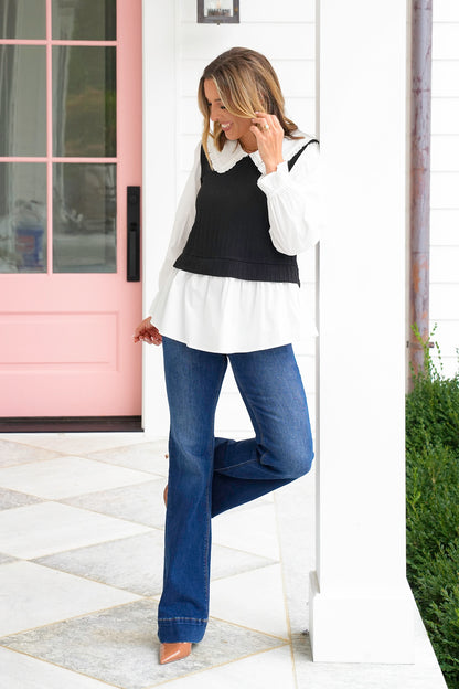 Plus/Reg Long Sleeve Layered Blouse and Sweater Vest