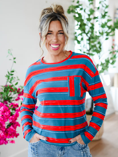 Plus/Reg Stripe Long Sleeve Crew Neck Top with Chest Pocket