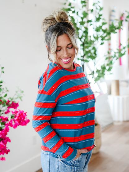 Plus/Reg Stripe Long Sleeve Crew Neck Top with Chest Pocket
