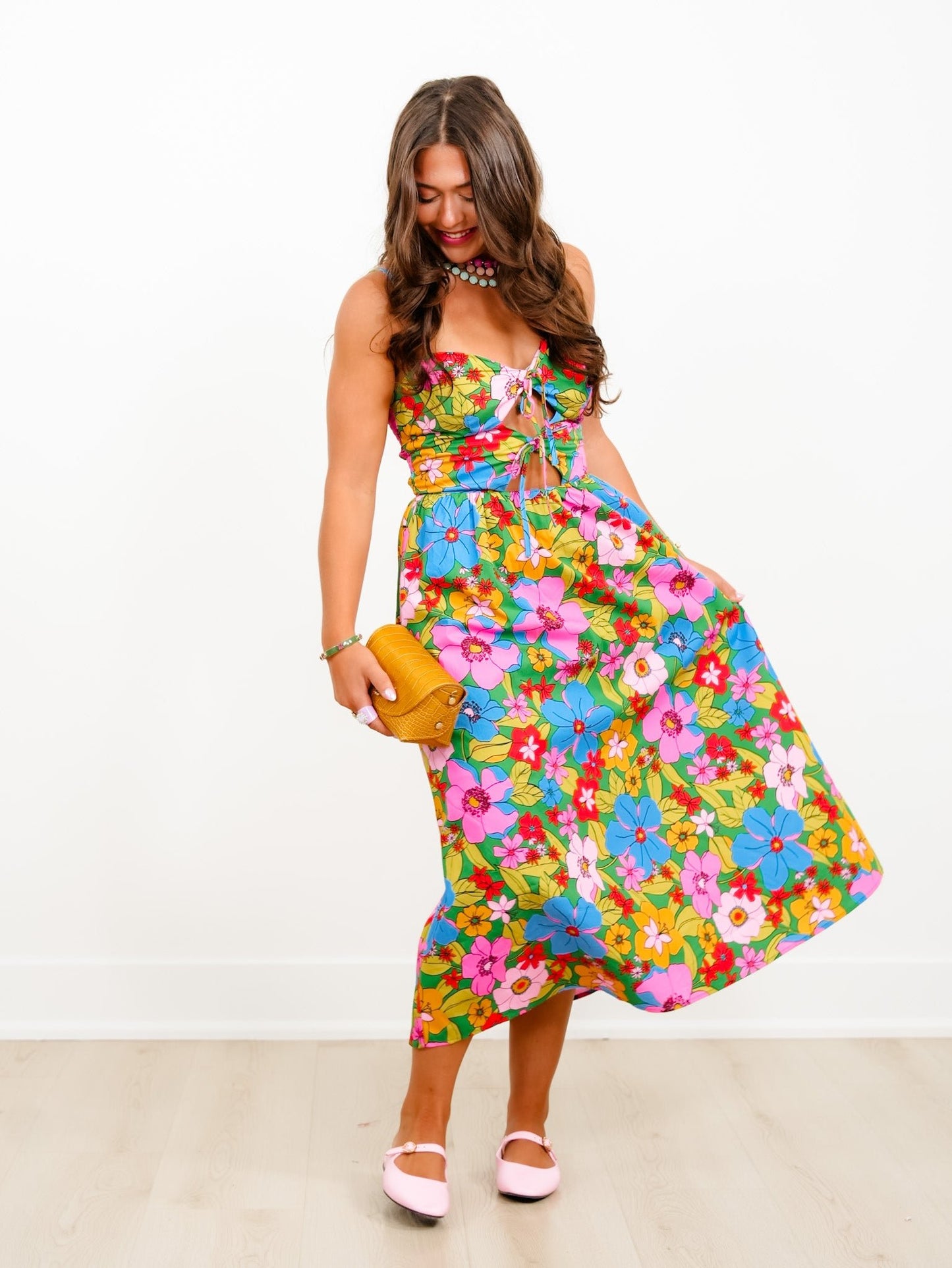 Floral Print Sleeveless Midi Dress with Bow Cutout Detail - Freckled Poppy