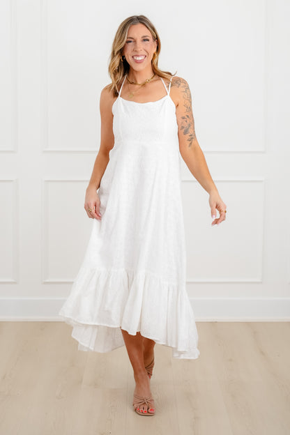 Plus/Reg White Embroidered Spaghetti Strap Midi Dress