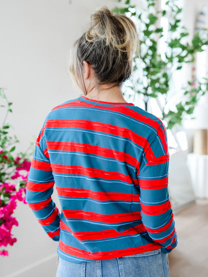 Plus/Reg Stripe Long Sleeve Crew Neck Top with Chest Pocket