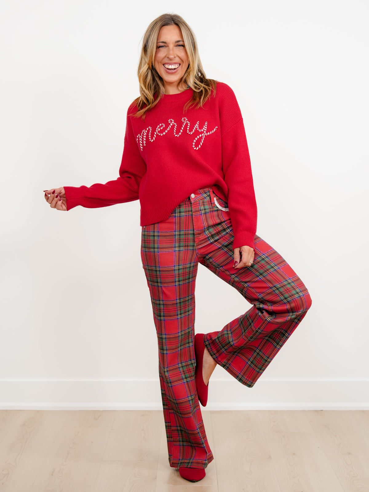 POPPY & PINE Red Plaid Pants with Lace Trim