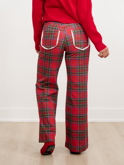 POPPY & PINE Red Plaid Pants with Lace Trim