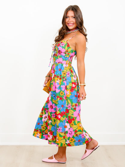 Floral Print Sleeveless Midi Dress with Bow Cutout Detail - Freckled Poppy
