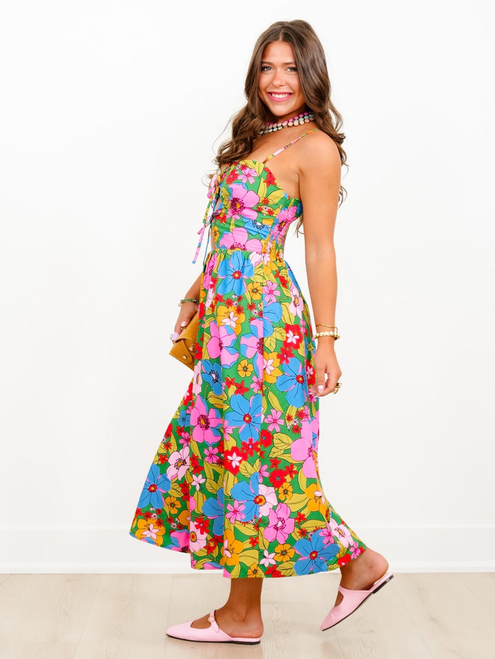 Floral Print Sleeveless Midi Dress with Bow Cutout Detail - Freckled Poppy