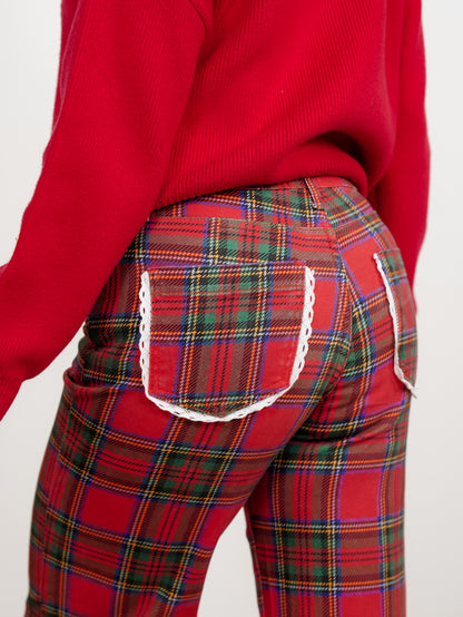 POPPY & PINE Red Plaid Pants with Lace Trim