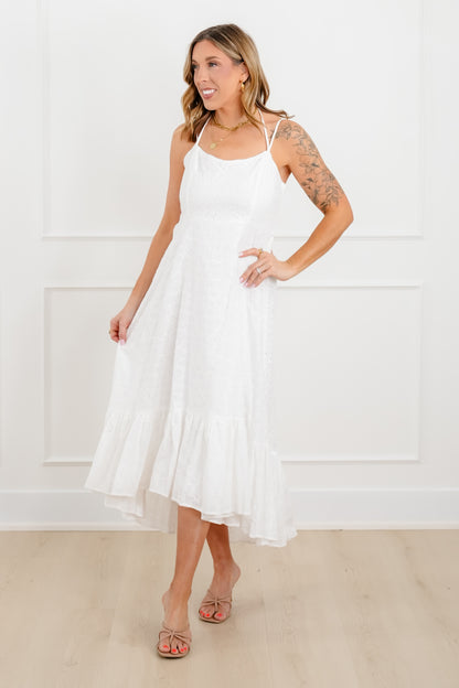 Plus/Reg White Embroidered Spaghetti Strap Midi Dress