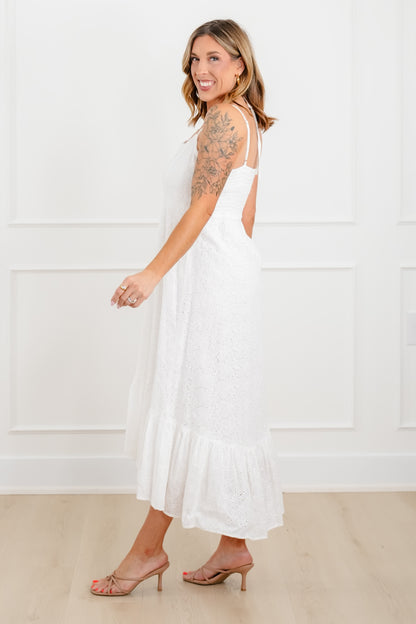 Plus/Reg White Embroidered Spaghetti Strap Midi Dress