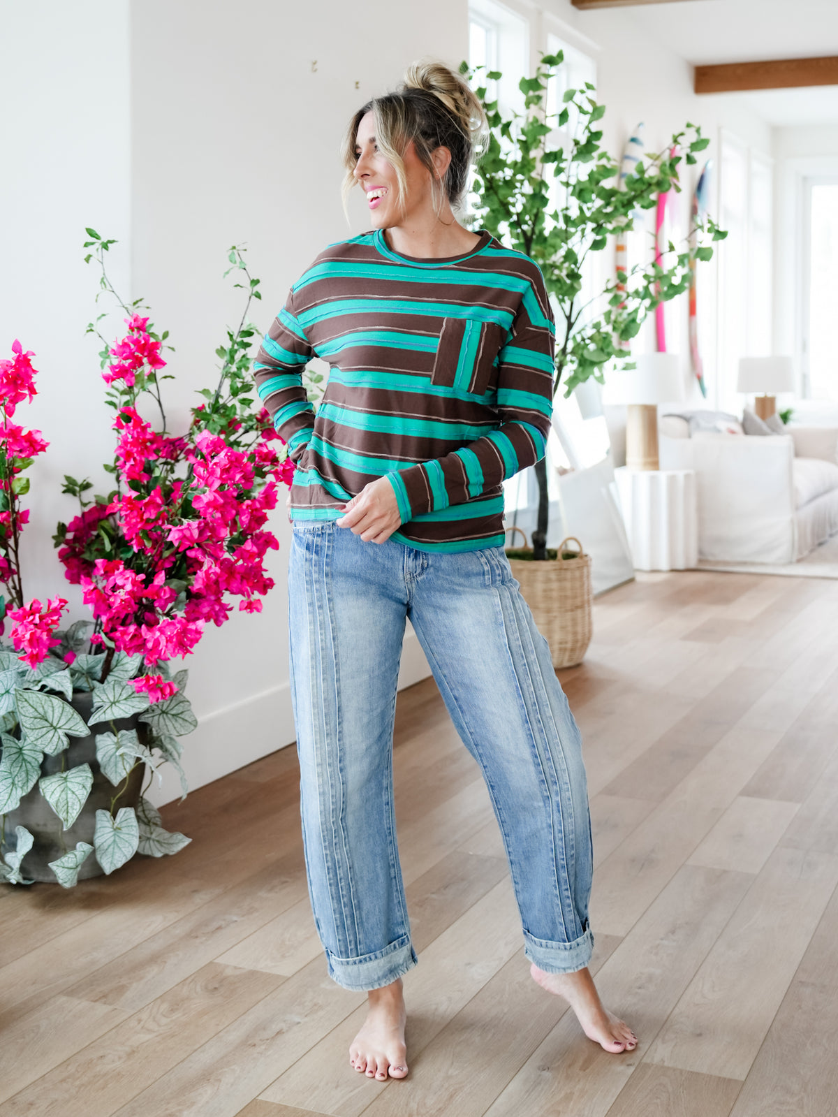 Plus/Reg Stripe Long Sleeve Crew Neck Top with Chest Pocket