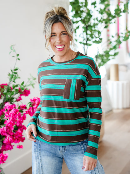 Plus/Reg Stripe Long Sleeve Crew Neck Top with Chest Pocket
