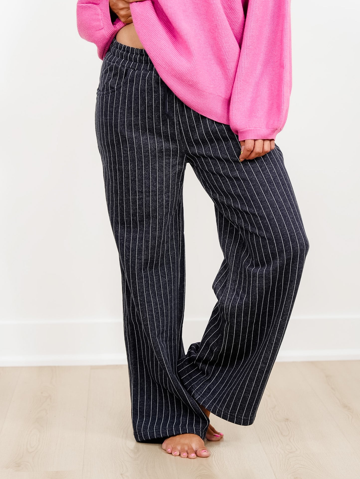 Pinstripe Elastic Waist French Terry Knit Sweatpants