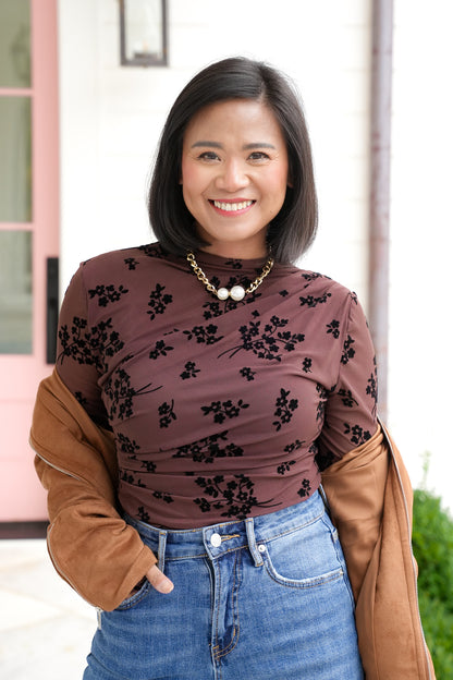 Mesh Long Sleeve Bodysuit with Velvet Flocking