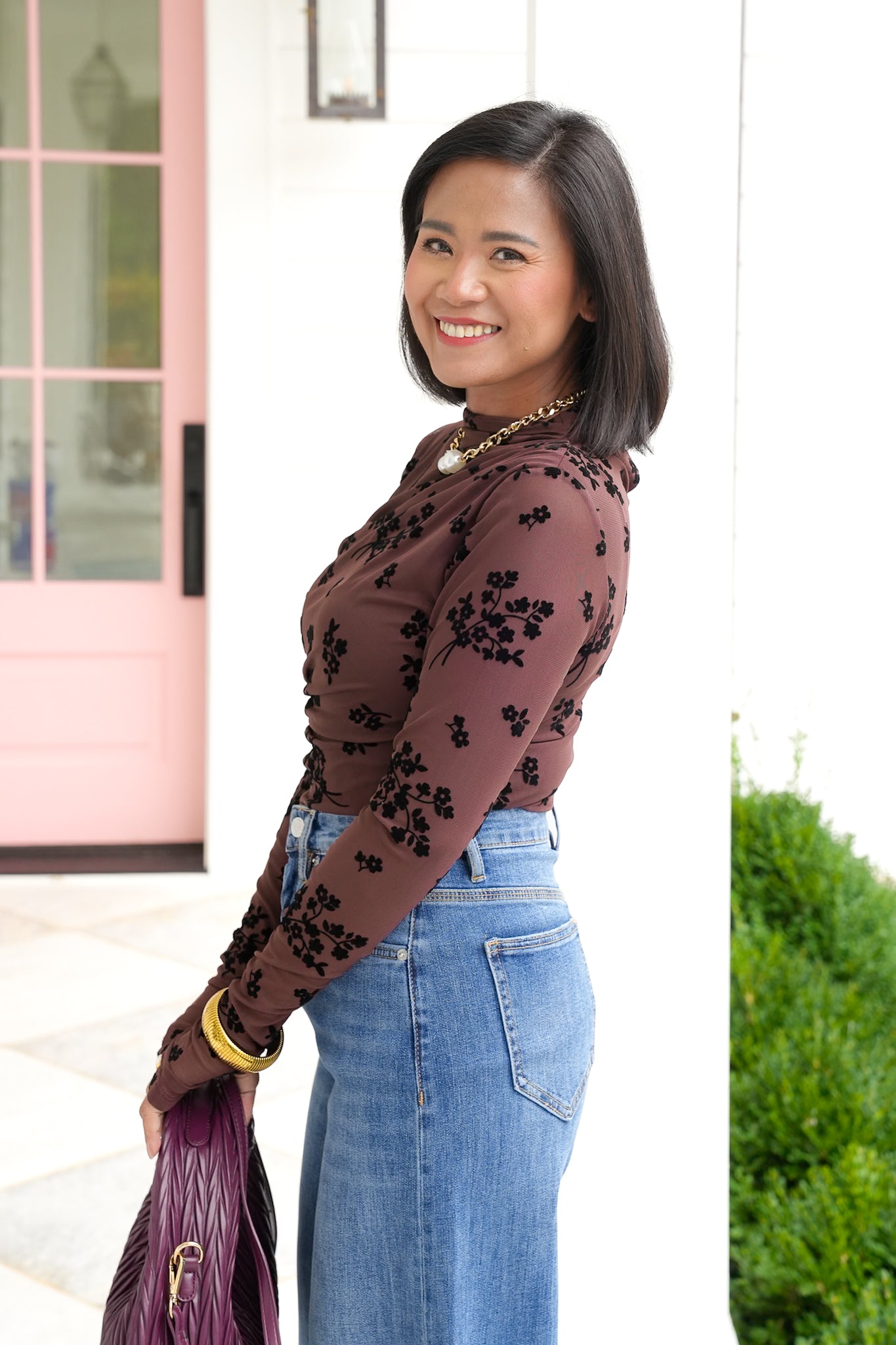 Mesh Long Sleeve Bodysuit with Velvet Flocking