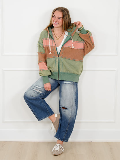 Color Block Long Sleeve Zip Up Hoodie Top