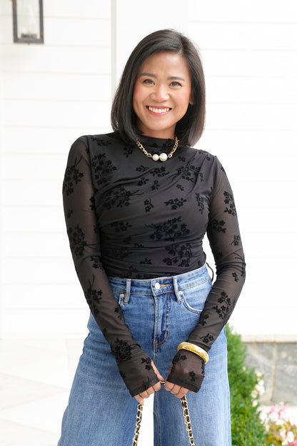 Mesh Long Sleeve Bodysuit with Velvet Flocking