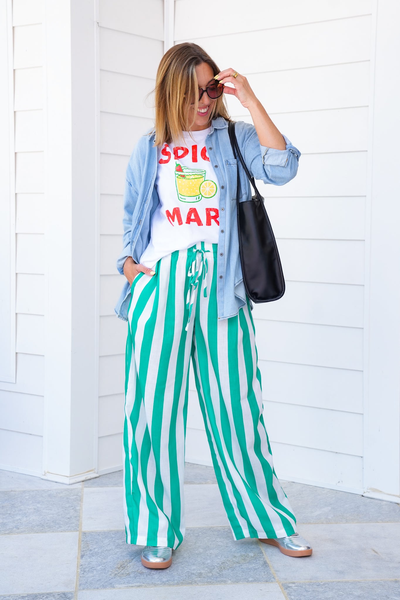 Stripe Elastic Waist Wide Leg Pants