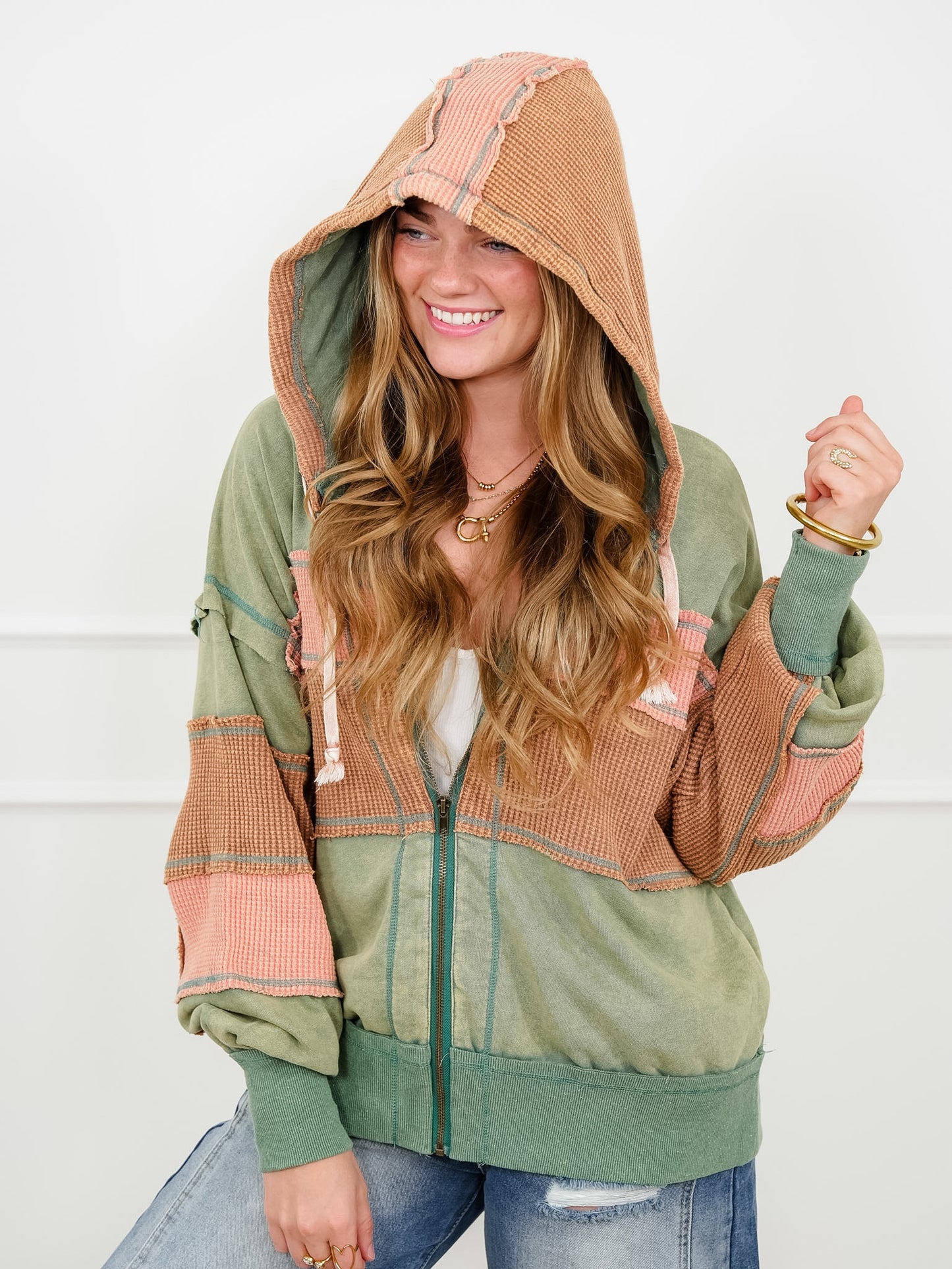 Color Block Long Sleeve Zip Up Hoodie Top
