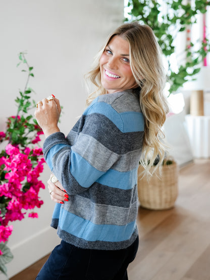 Plus/Reg Stripe Long Sleeve Button Down Cardigan