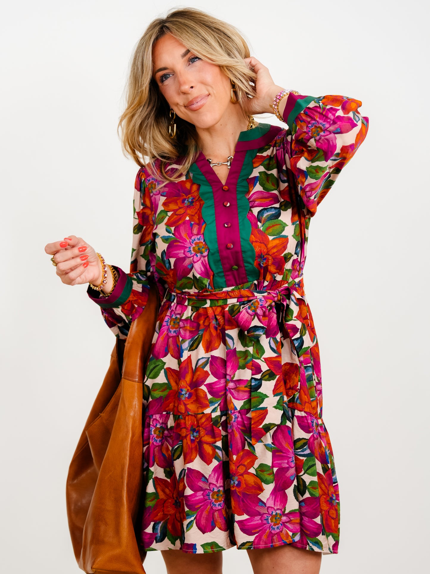 Plus/Reg Floral Printed V-Neck Long Sleeve Mini Dress with Pockets