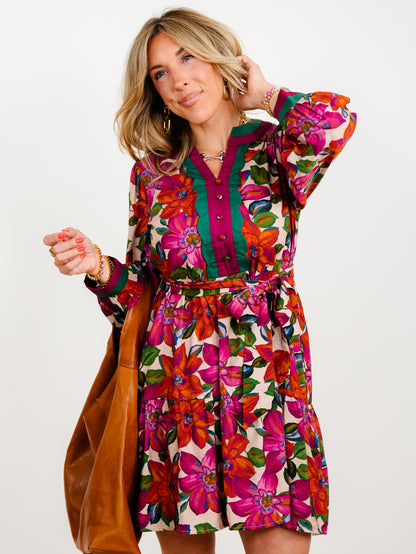 Plus/Reg Floral Printed V-Neck Long Sleeve Mini Dress with Pockets