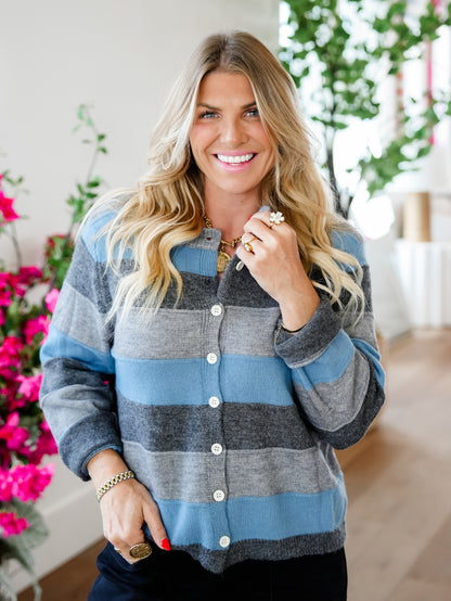Plus/Reg Stripe Long Sleeve Button Down Cardigan