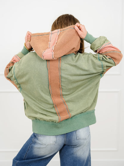 Color Block Long Sleeve Zip Up Hoodie Top