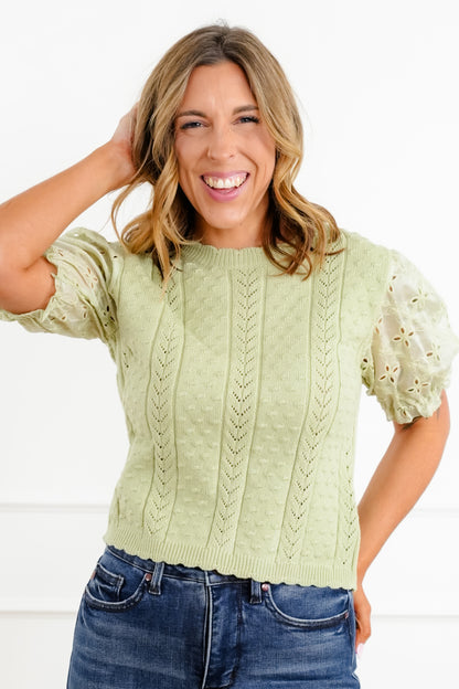 Eyelet Puff Sleeve Knit Top