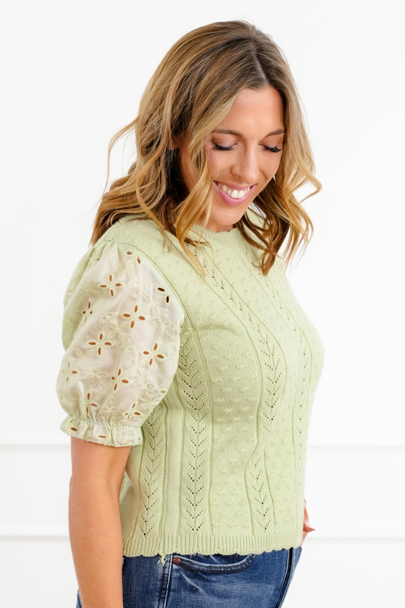 Eyelet Puff Sleeve Knit Top