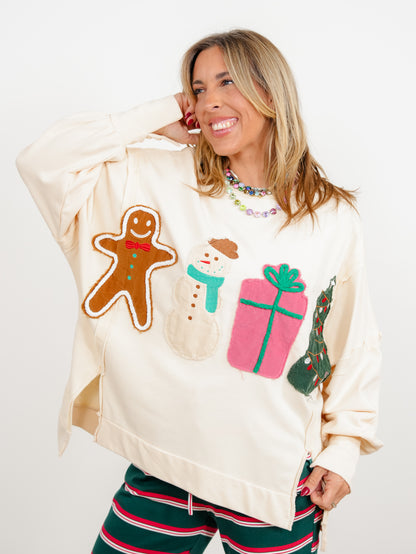 Long Sleeve Crew Neck Christmas Patch Pullover Sweatshirt