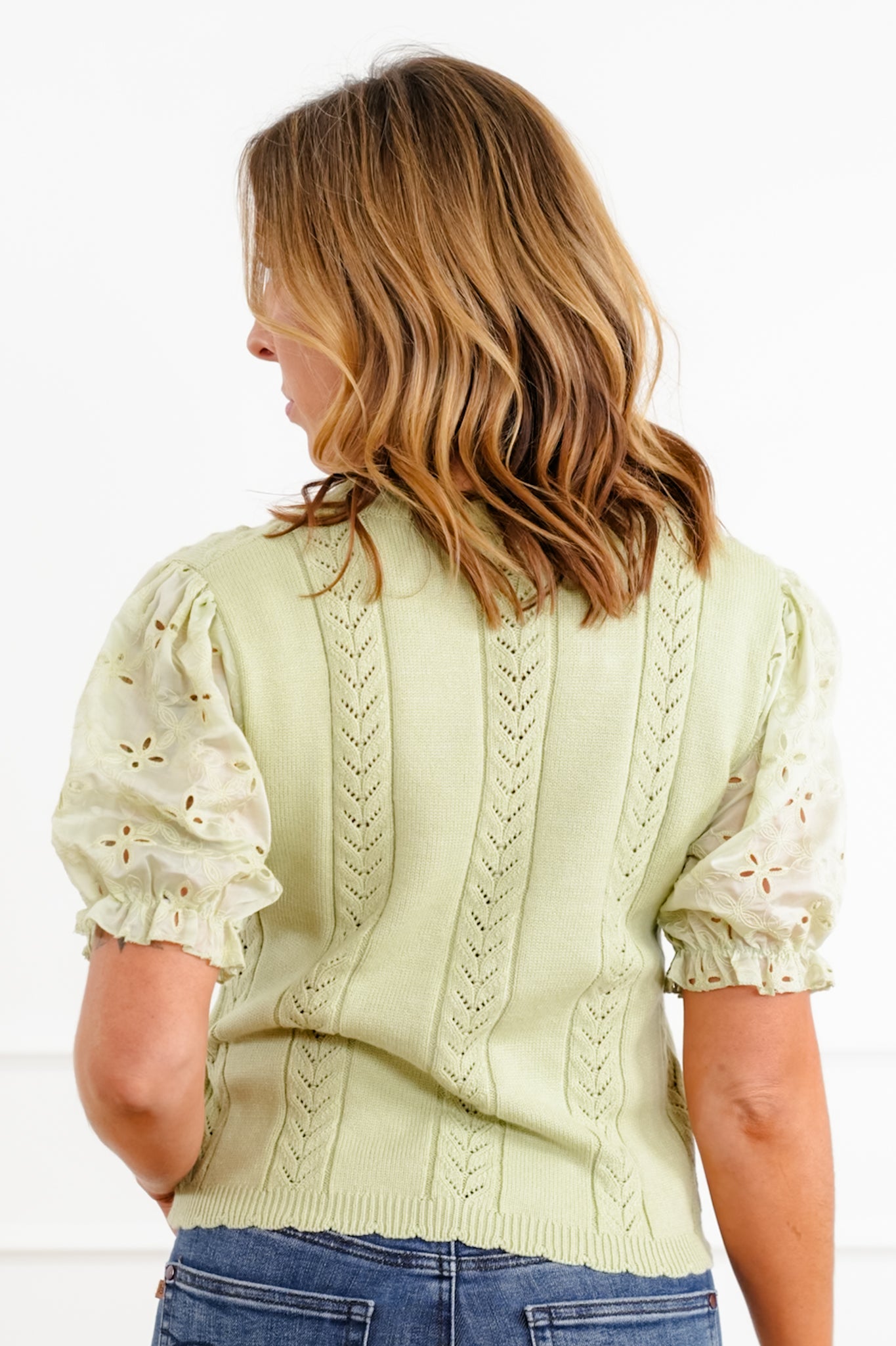 Eyelet Puff Sleeve Knit Top