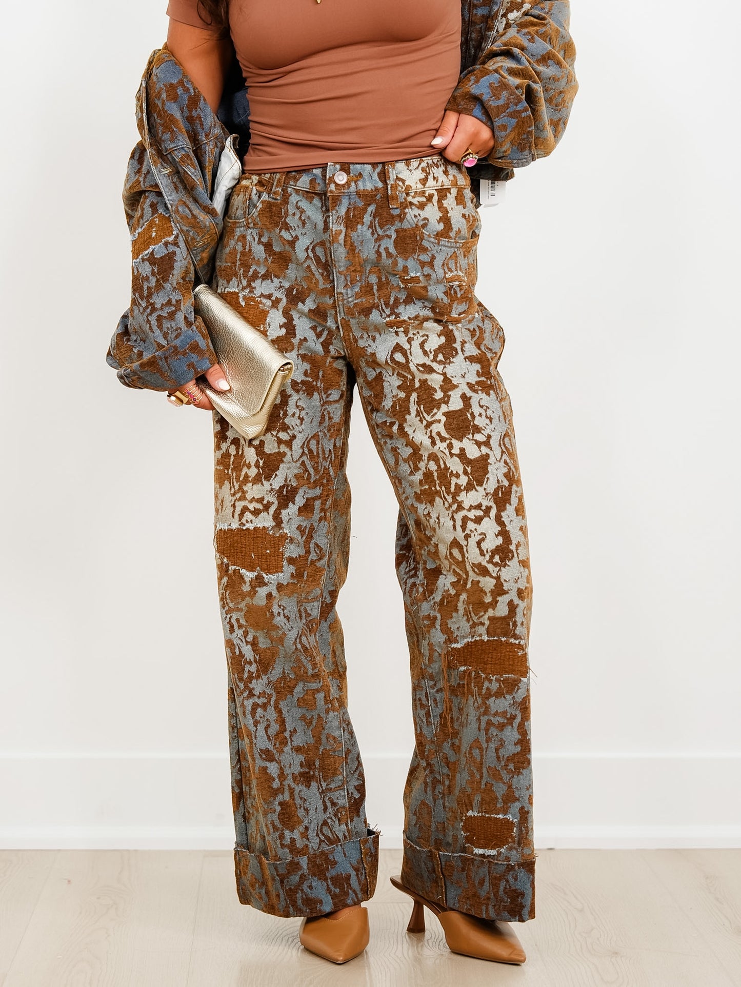 Burn Out High Waisted Distressed Wide Leg Pants