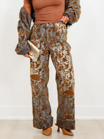 Burn Out High Waisted Distressed Wide Leg Pants