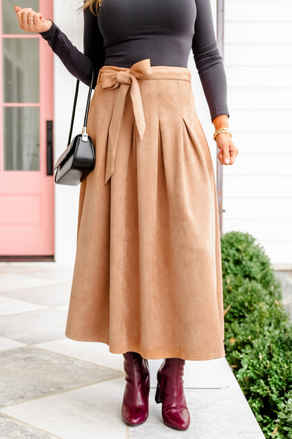 Vegan Suede High-Waist Pleated Midi Skirt with Belt