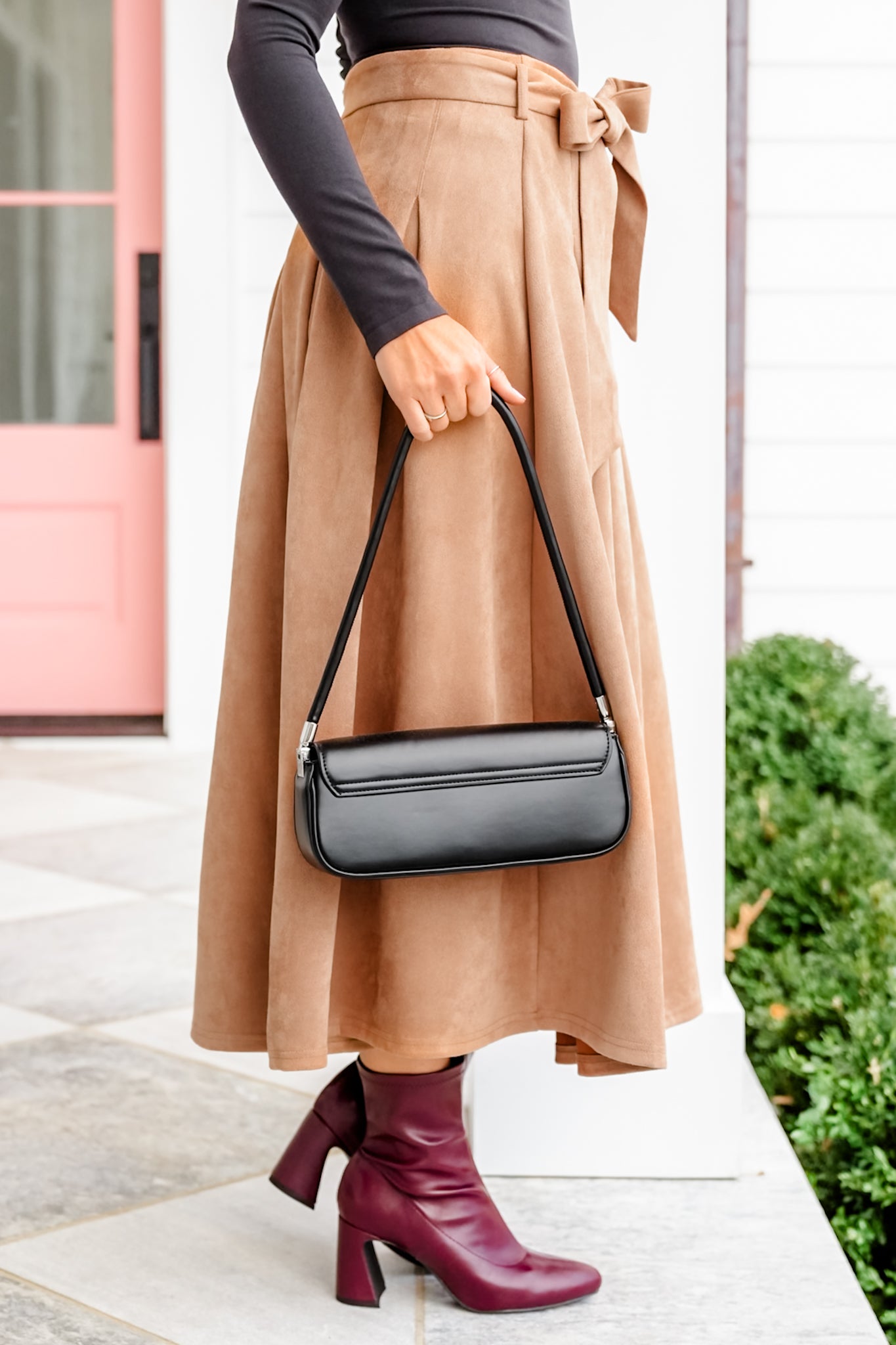 Vegan Suede High-Waist Pleated Midi Skirt with Belt