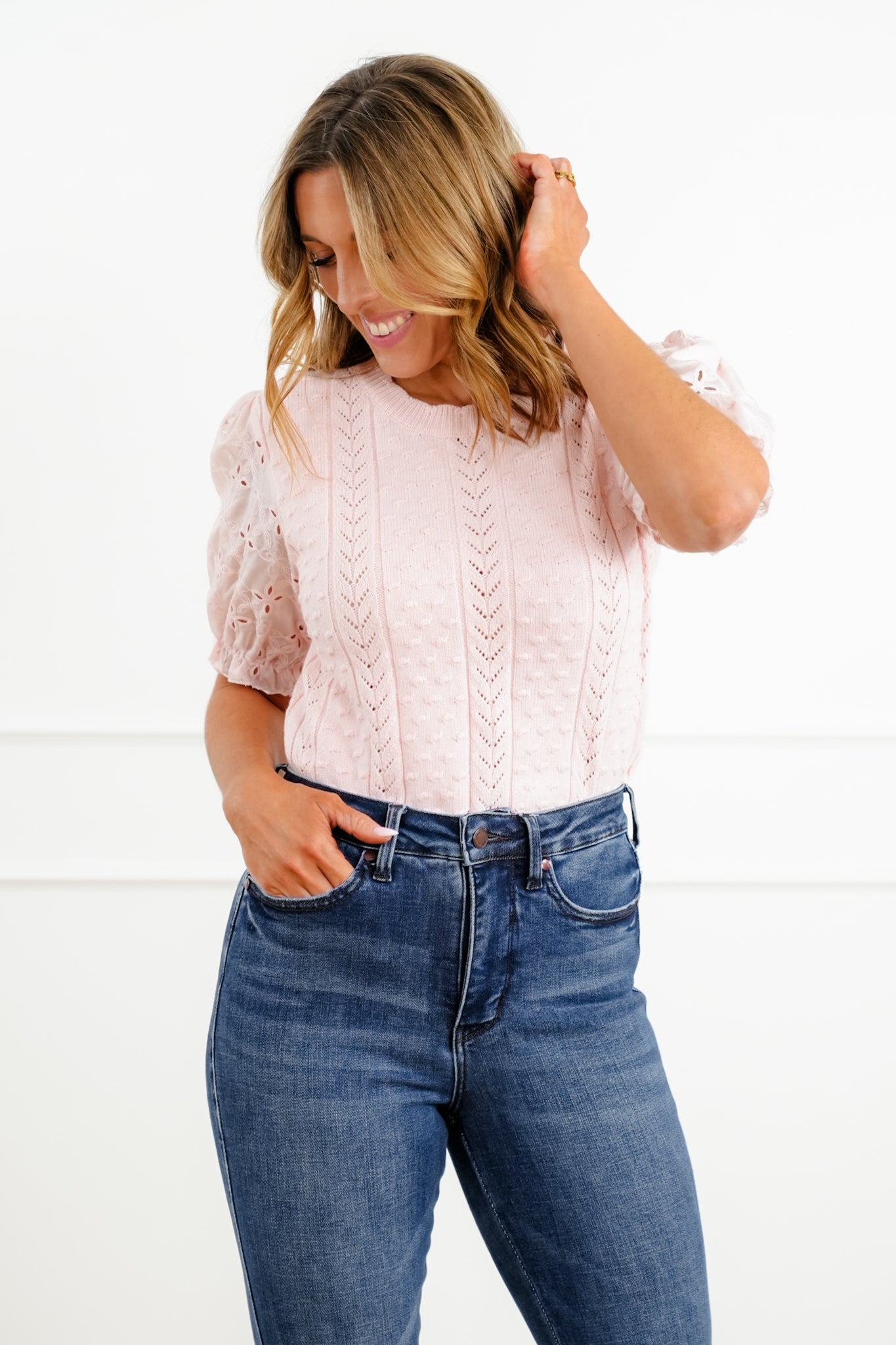 Eyelet Puff Sleeve Knit Top